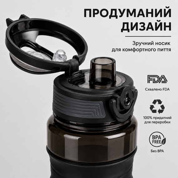 Бутылка KANGZYUAN 450 мл - Черная Tritan BPA-free, ударопрочная, спортивная с эргономичной крышкой | Зображення 4