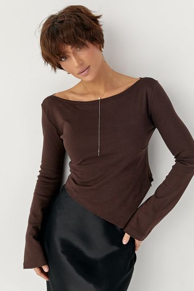 Трикотажна блуза з асиметричним низом - коричневий цвет, L (є розміри) | Зображення 1