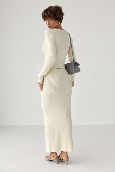 Приталений костюм в рубчик з кофти та спідниці - молочний цвет, ONE SIZE (є розміри) | Зображення 1