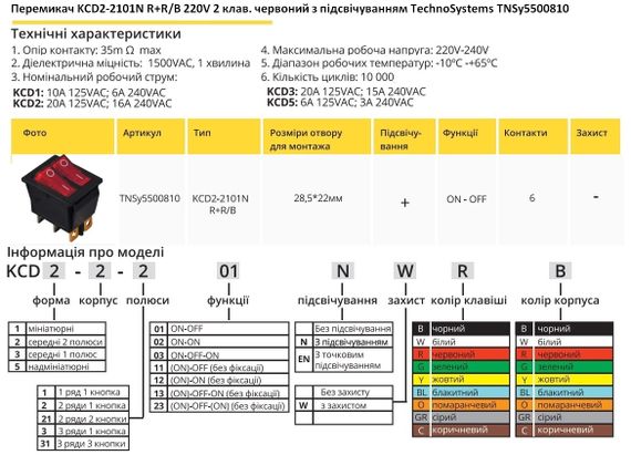 Перемикач KCD2-2101N R+R/B 220V 2 клавіші червона з підсвічуванням Ny95500810 | Зображення 1