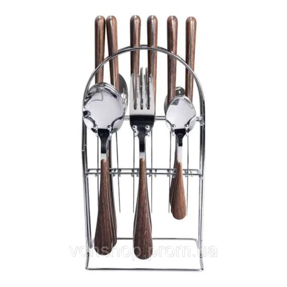 Набір столових приборів на 6 персон з дерев'яними ручками на підставці столові прибори 24 шт Срібло HP-20-1 | Зображення 2