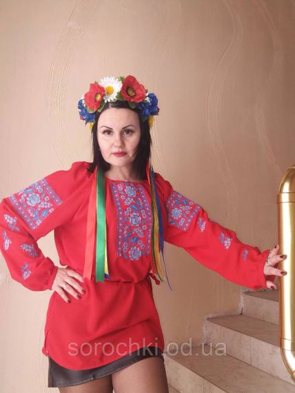 Блузка женская , красная с вышивкой , цветы , "маки с виноградом" шифон | Зображення 3