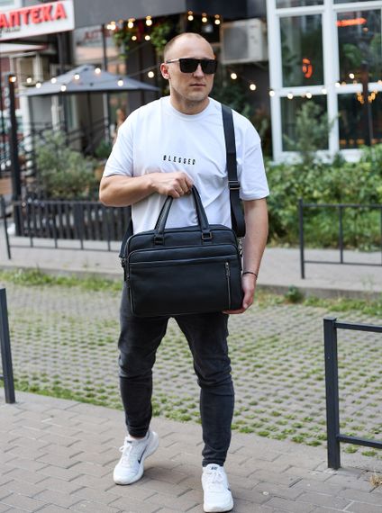 Офісна чоловіча сумка через плече 39х29х10, шкіряний портфель-месенджер для бізнесу, чорний | Зображення 1