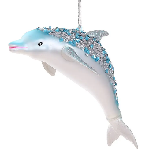 Ялинкова прикраса зі скла Дельфін з паєтками 14см, колір - блакитний