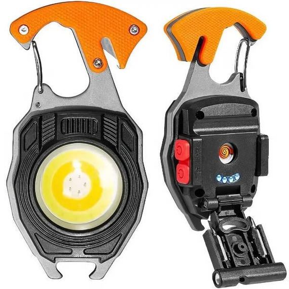 Фонарик-брелок для ключей многофункциональный 4в1 (открывашка, отвертка, спиральная зажигалка) Оранжевый