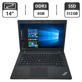 Ноутбук Б-клас Lenovo ThinkPad L450 / 14" (1366x768) TN / Intel Core i5-4300U (2 (4) ядра по 1.9 - 2.9 GHz) / 8 GB DDR3 / 512 GB SSD / Intel HD Graphics 4400 / WebCam б/в