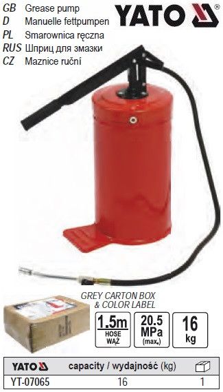 Насос смазочный YATO Польша помпа нагнетатель 16 кг шланг l=1.5 м P=20.5 МПа YT-07065