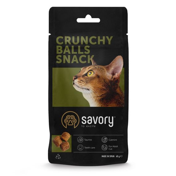 Хрустящие лакомства Savory Cats Snacks Crunchy Balls для взрослых привередливых котов, шарики с кошачьей мятой, 60 г