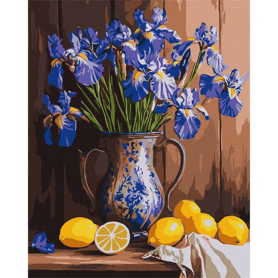 Картина по номерам "Ирисы в вазе и лимоны" Идейка KHO3319, 40x50 см