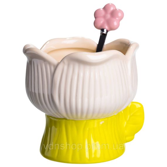 Креманка порцелянова з ложкою у формі квітки 300 (мл) креманка для десертів, морозива та желе Жовтий FM-42BE | Зображення 1