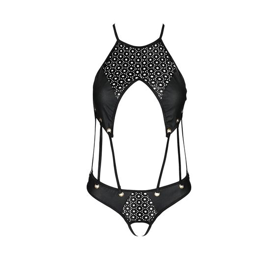 Боді з відкритим доступом Passion TASMINA BODY S/M, black, екошкіра, шнурівки, ажурні мережива | Зображення 2