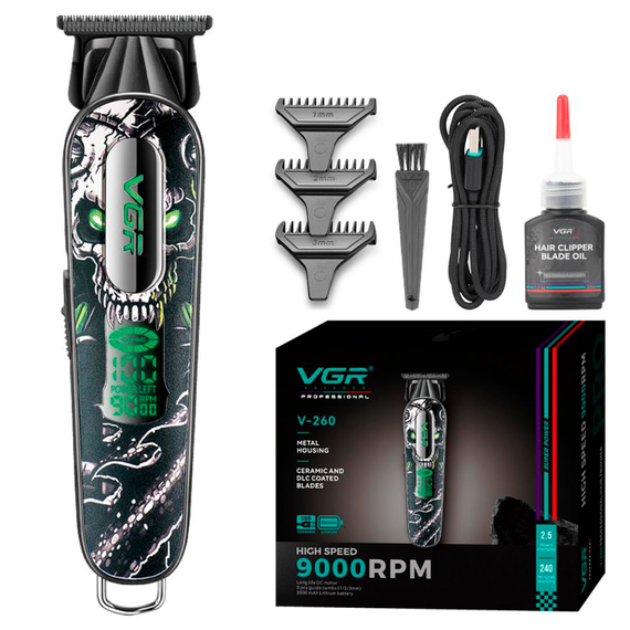Триммер аккумуляторный для стрижки VGR V-260 GREEN, 3 насадки, 2000mAh, 9000 RPM, LED дисплей