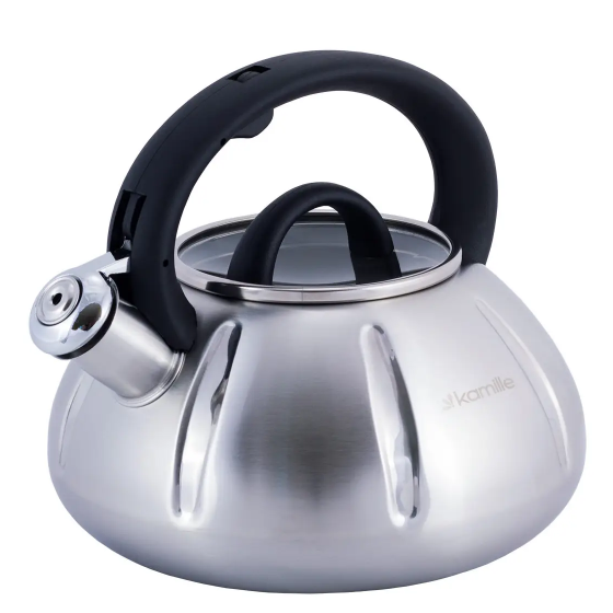 Чайник 3л нержавіюча сталь зі свистком зі скляною кришкою (ручка:чорний) 0671A KAMILLE | Зображення 1