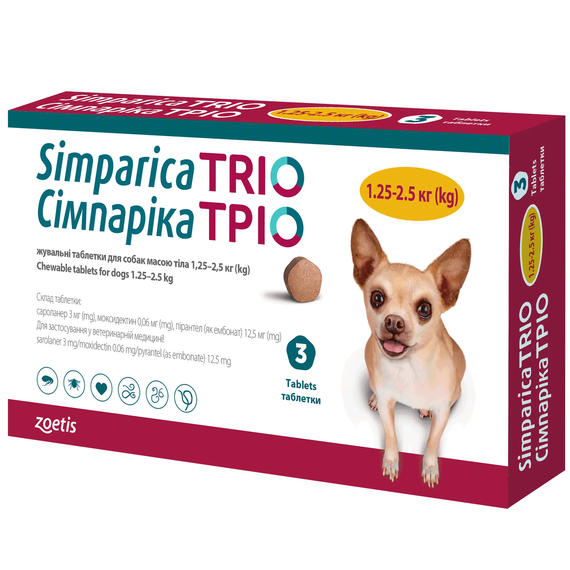 Таблетка Simparica TRIO (Сімпаріка ТРІО) таблетки від бліх, кліщів та гельмінтів для собак від 1,25 до 2,5 кг 1 шт