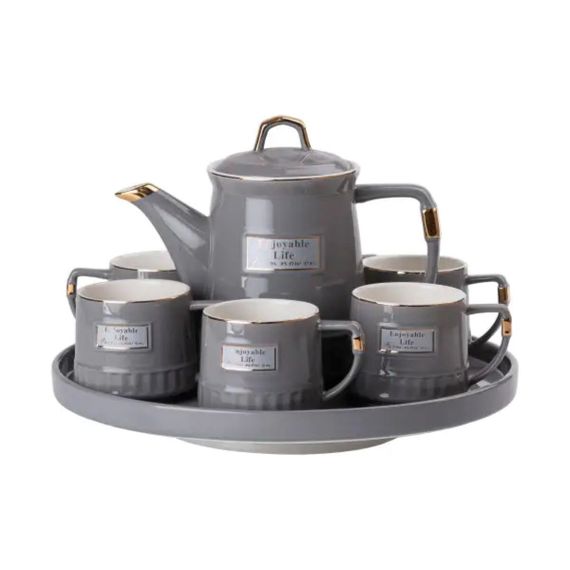 Чайний набір на 6 персон (з заварювальним чайником та порцелянаовою підставкою), сірий HP-15-5