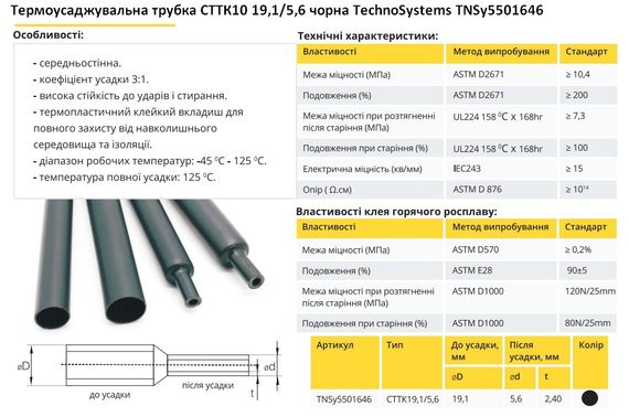 Термоусадочная трубка СТТК10 19.1/5.6 черная c клеем среднестенная Ny95501646 | Зображення 1