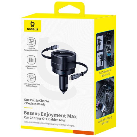 АЗП Baseus Enjoyment Max PD60W with retractable cables (1USB-C/1L) (C00035507121) Cosmic Black | Зображення 3