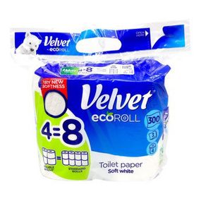 Velvet туалетний папір Soft White Eco Roll 4=8 рулонів 3 шари 300 відривів