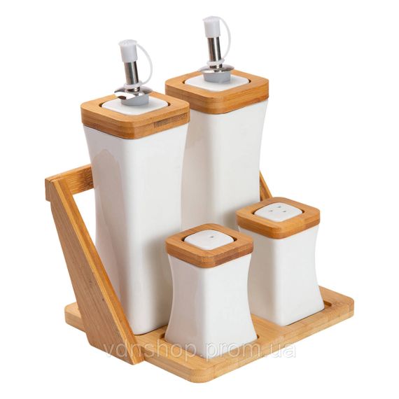 Набір для спецій порцелянаовий 4 предмети на бамбуковій підставці HP-1221 | Зображення 1