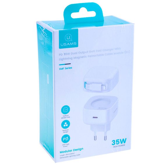 МЗП Usams US-CC209 GaN With Lightning Magnetic Retractable Cable Module XMF Ser. 35W (2USB-C) White | Зображення 5