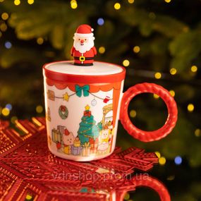 Чашка порцелянова з кришкою Санта 400 (мл) Червона Yiwu FM-CS-36A