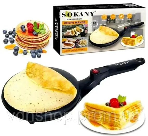 Електрична занурювальна сковорода для млинців з антипригарним покриттям 20 см електромлинниця SOKANY SK 5208 600 Вт Чорна