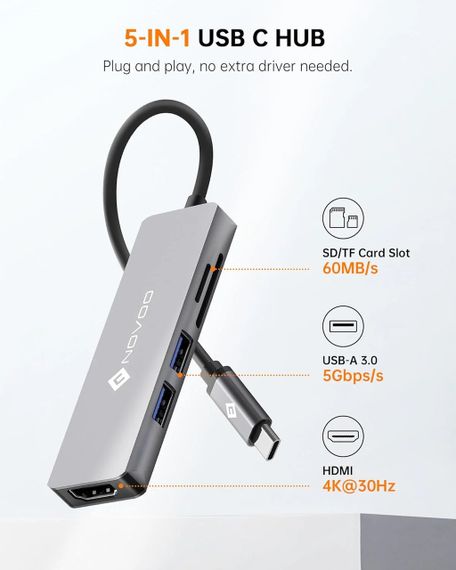 СТОК NOVOO 5 в 1 R5 USB C HUB USB-хаб nh05s-605a | Зображення 1