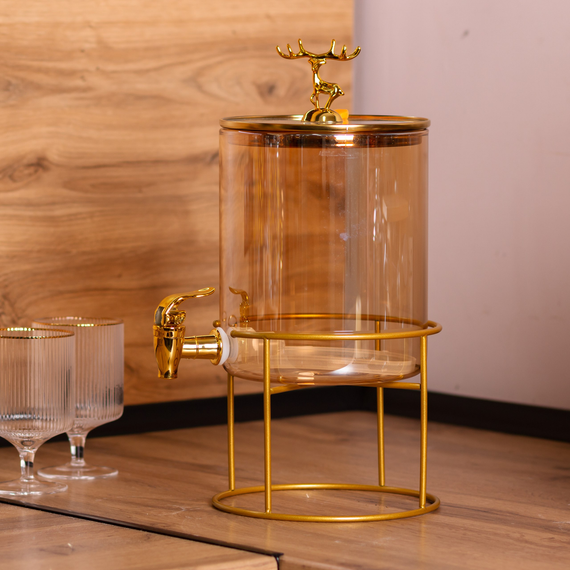 Лимонадница стеклянная 3.6 л с золотым краном и подставкой круглая банкетная ёмкость для напитков HP-34-18 | Зображення 5
