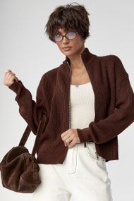 Однотонний в'язаний кардиган із коміром-стійкою - коричневий цвет, ONE SIZE (є розміри)