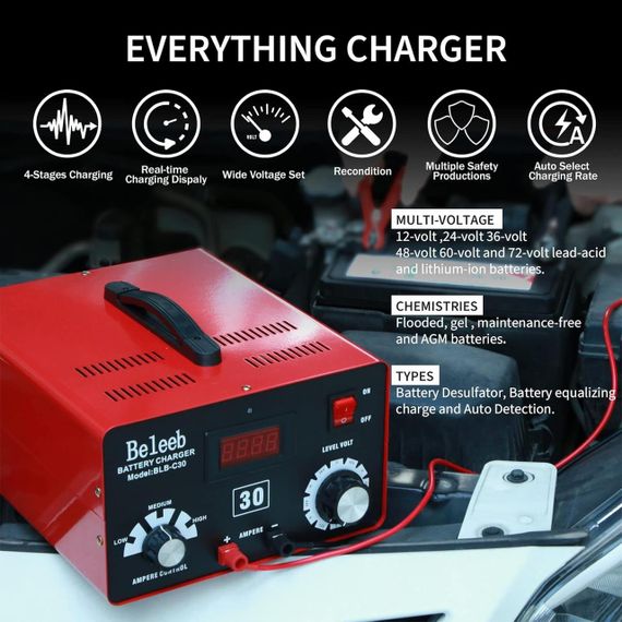 Регульований зарядний пристрій з LCD-дисплеєм, імпульсною зарядкою та функцією відновлення Beleeb 12–72 В | Зображення 4