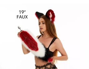 Анальний хутряний хвіст без пробки, Триколірний: Темно-червоний, білий, чорний з червоним кінчиком, OKOVA 50 см. sexstyle