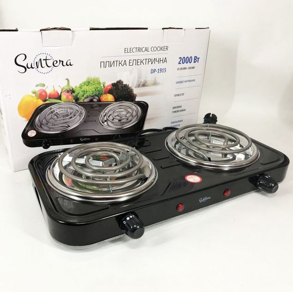 Плита електрична Suntera DP-1915 2 кВт, електроплита 2 конфорки, двокомфорочна плита. Колір: чорний | Зображення 3