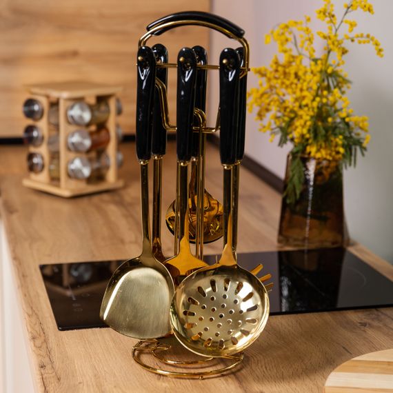 Набір кухонного приладдя на підставці 7 предметів кухонні аксесуари на підставці Чорний із золотом HP-20-66 | Зображення 5