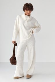 В'язаний костюм із широкими штанами та светром на блискавці - молочний цвет, ONE SIZE (є розміри)