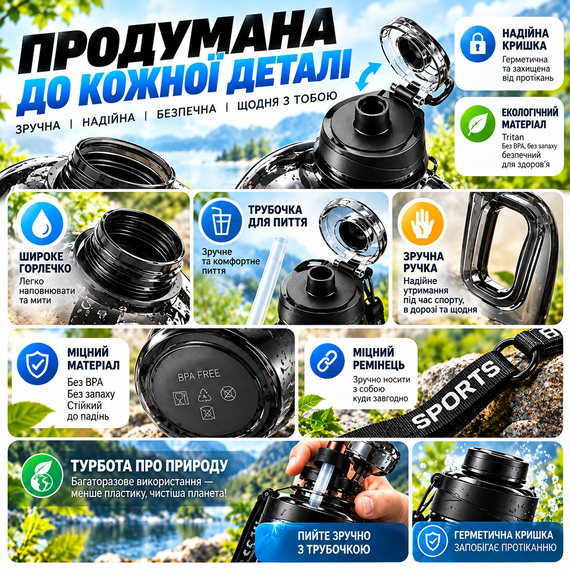 Пляшка для води SPORTS 2700 мл чорна — спортивна BPA Free, ударостійка, герметична, з посиленою ручкою та ремінцем | Зображення 1