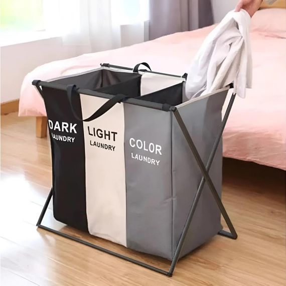 Корзина для белья на 120л в ванную комнату, 3 отсека / Складная корзина для сортировки грязного белья