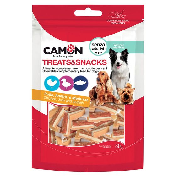 Лакомство для собак мясное Camon кусочки из курицы, утки и трески, 80 гр, 3*1 см