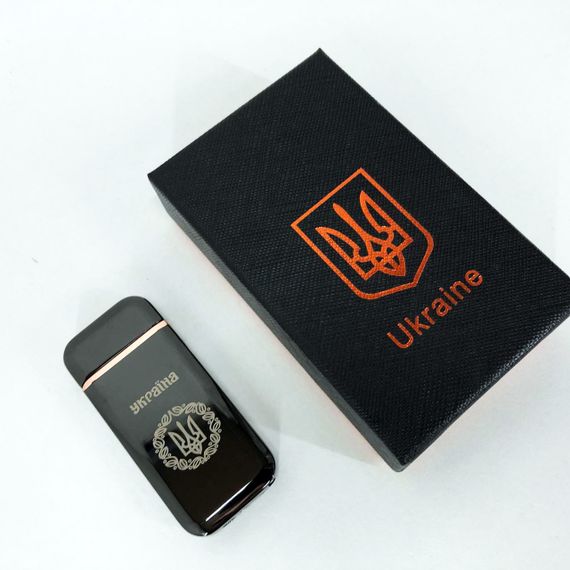 Дугова електроімпульсна запальничка USB Герб України (індикатор заряду, ліхтарик) HL-442, чорний | Зображення 1