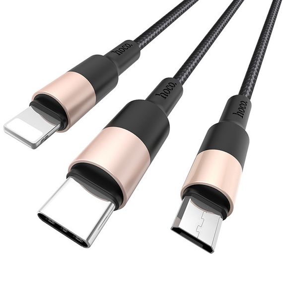 Дата кабель Hoco X26 Xpress 3in1 Lightning -MicroUSB-Type-C (1m) Чорний / Золотий | Зображення 1