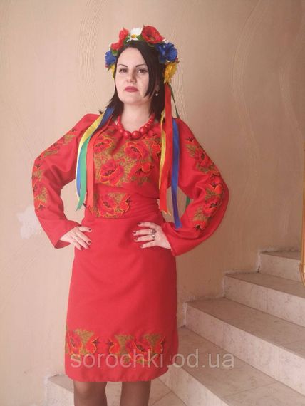 Платье женское  с вышивкой , цветы , "маки красные" . красное,габардин