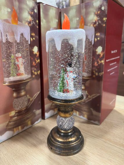 Снеговик Декоративная новогодняя LED свеча со снегом, 25см, от батареек и USB