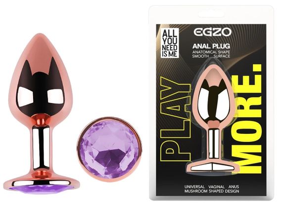 Анальная пробка EGZO Rose Gold с аметистом, анатомическая форма, нержавеющая сталь, размер M Sex Aura