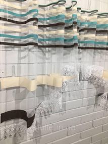 Готова коротка пошита арка тюльпан у полосці на фатіні до підвіконника з мереживом. Колір бірюзовий та коричневий
