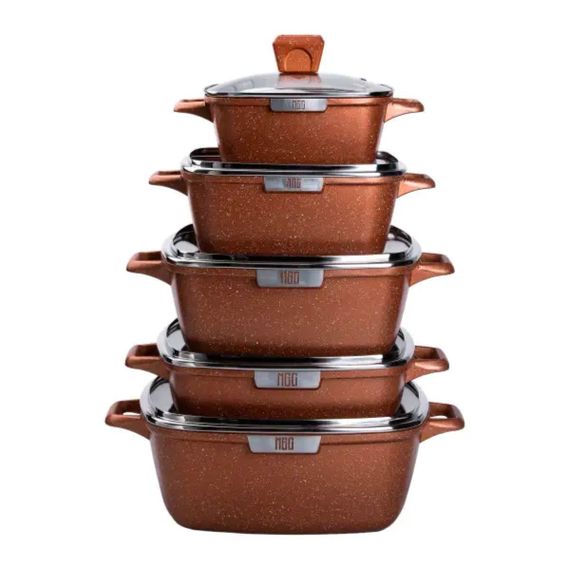 Набір з 5 алюмінієвих квадратних каструль з товстим дном MGC + лопатка, ополоник, рукавички та фартух HP-4-468 | Зображення 1