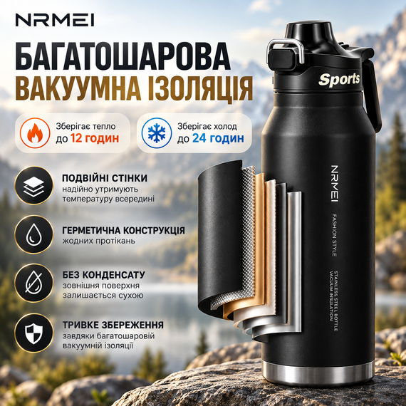 Спортивная термобутылка NRMEI 1000 мл (черная) - Вакуумная термобутылка из нержавеющей стали Fashion Style для тренировок | Зображення 1