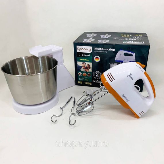 Стационарный электрический миксер с чашей Rainberg RB-1006 500W с насадками для замешивания теста Orange | Зображення 5