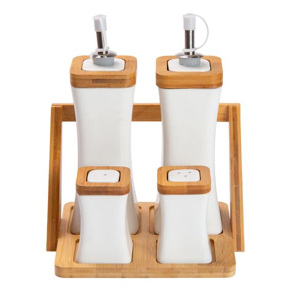 Набор для специй фарфоровый 4 предмета на бамбуковой подставке HP-1221