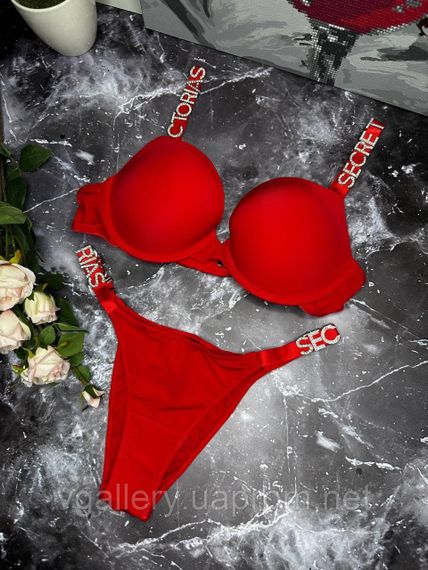 Червоний комплект жіночої спідньої білизни Victoria's Secret Модель Букви Стрази Вікторія Сікрет 75С | Зображення 4