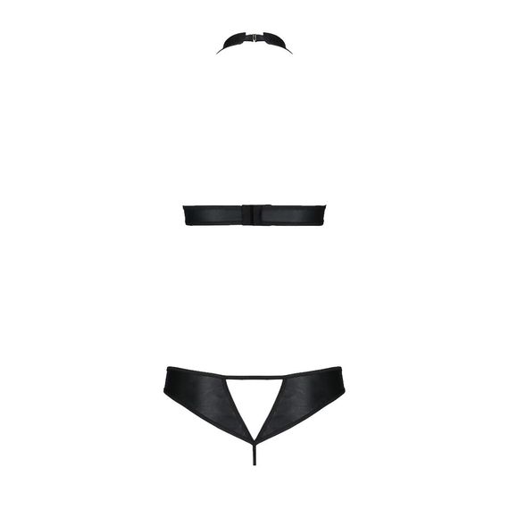 Комплект із екошкіри Passion MALWIA SET with Open Bra 4XL/5XL black, топ та трусики з люверсами | Зображення 3