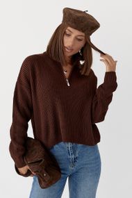 В'язаний светр із блискавкою на горловині - темно-коричневий цвет, ONE SIZE (є розміри)